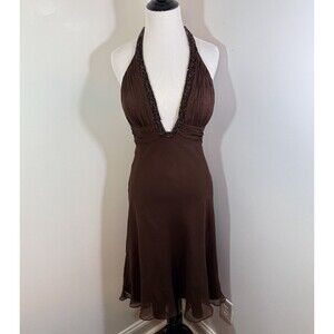 Vintage Y2K Cache Dress Silk Halter Neck Brown Size US 2 Beaded Sequins